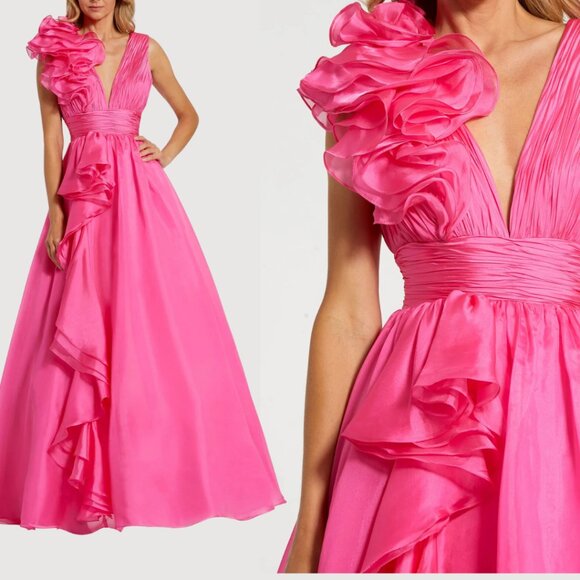Mac Duggal 48856 Size 10 Hot PInk Ruffle V-Neck Chiffon Ballgown Gown Maxi Dress - Picture 1 of 6